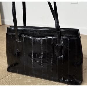 Vintage Genuine Eel Skin Leather glossy ribbed Black Shoulder Bag Purse